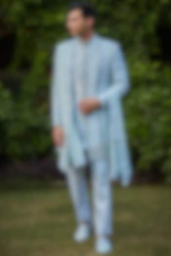 Light Blue Raw Silk Embroidered Jacket Set by Bohame Men