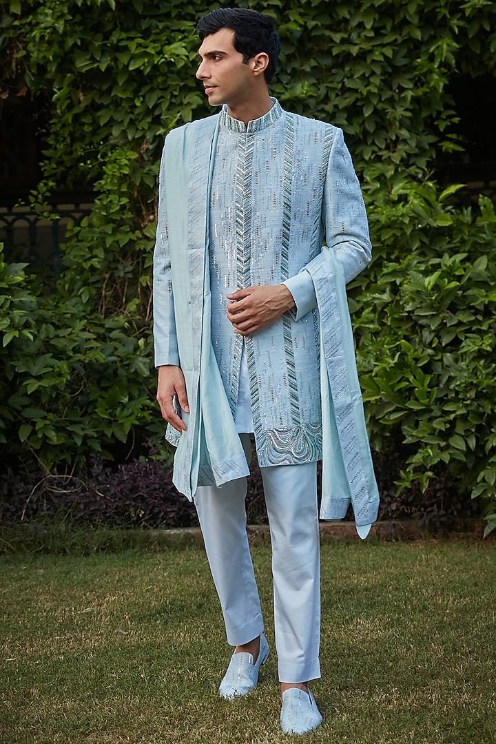 Light Blue Raw Silk Embroidered Jacket Set by Bohame Men