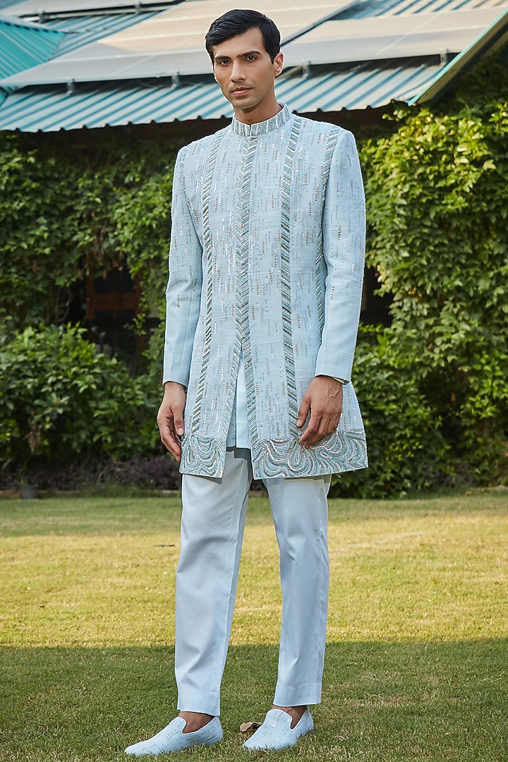 Light Blue Raw Silk Embroidered Jacket Set by Bohame Men at Pernia's Pop Up Shop