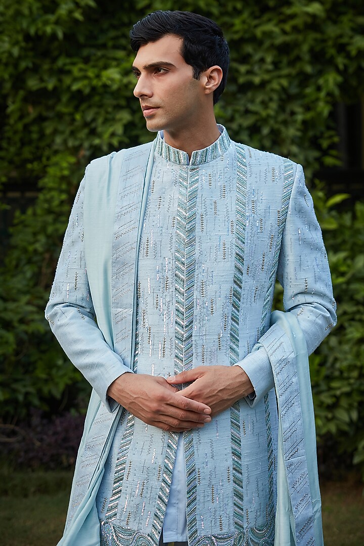 Light Blue Raw Silk Embroidered Jacket Set by Bohame Men at Pernia's Pop Up Shop