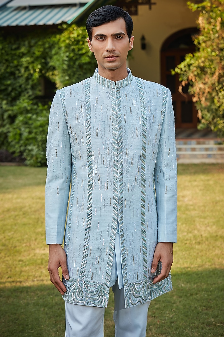 Light Blue Raw Silk Embroidered Jacket Set by Bohame Men at Pernia's Pop Up Shop