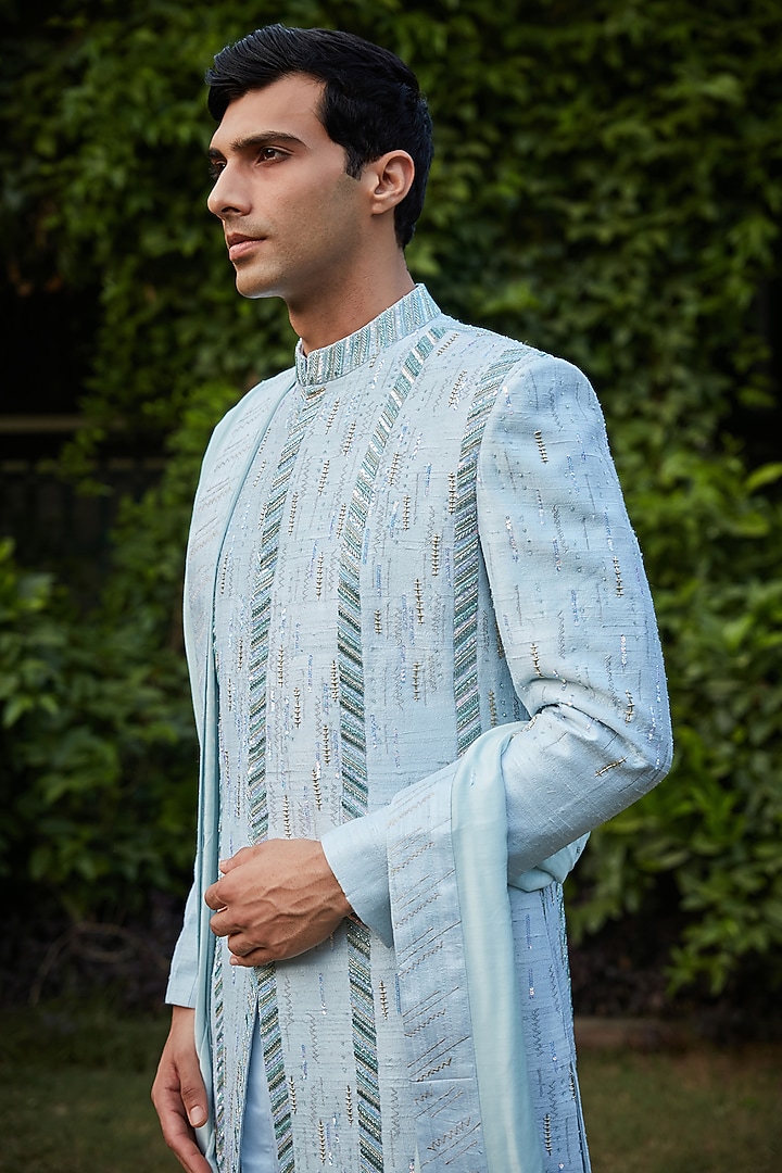 Light Blue Raw Silk Embroidered Jacket Set by Bohame Men at Pernia's Pop Up Shop