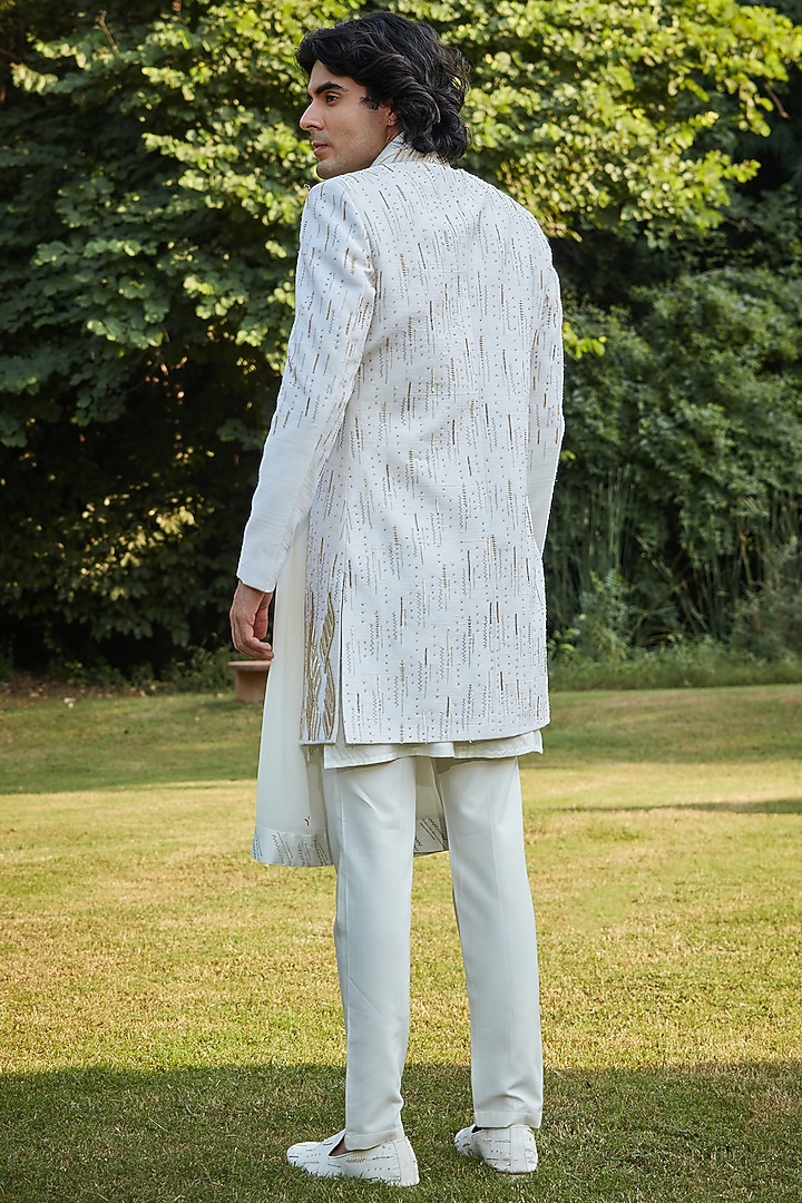 Off-White Raw Silk Embroidered Jacket Set by Bohame Men at Pernia's Pop Up Shop
