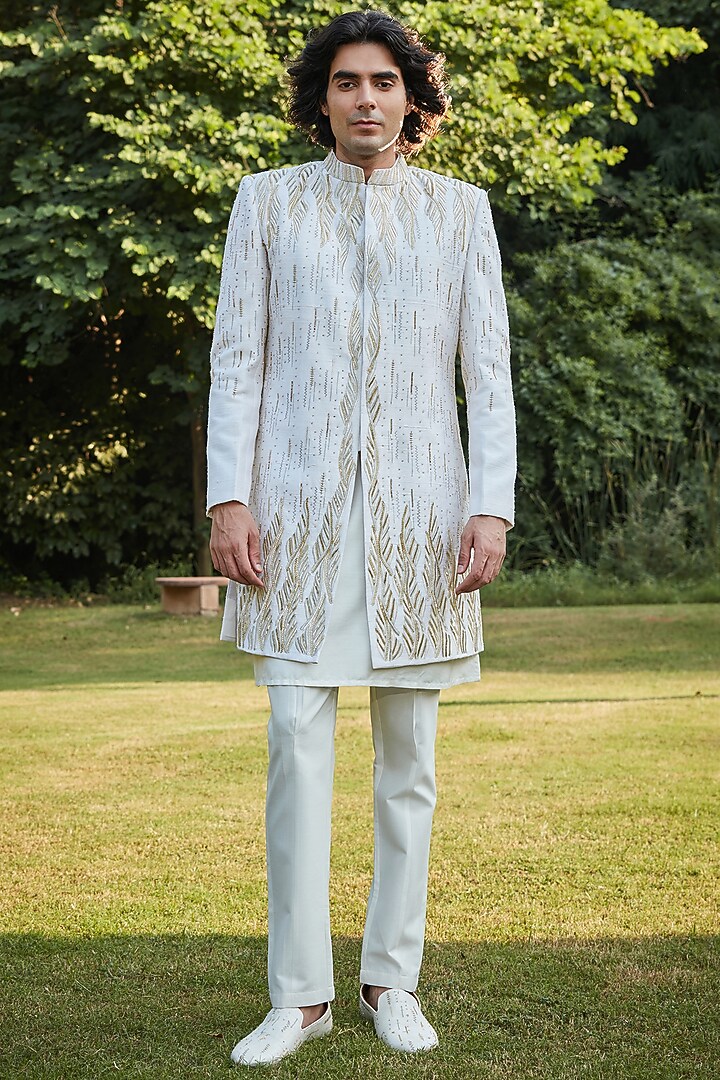 Off-White Raw Silk Embroidered Jacket Set by Bohame Men at Pernia's Pop Up Shop
