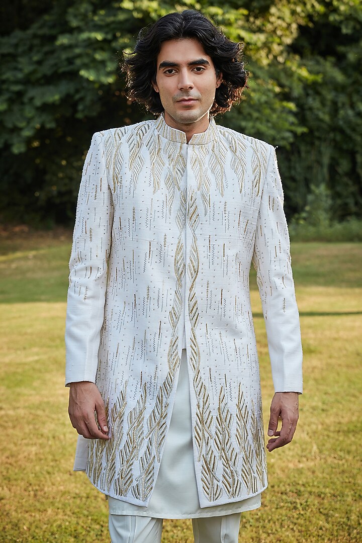 Off-White Raw Silk Embroidered Jacket Set by Bohame Men at Pernia's Pop Up Shop