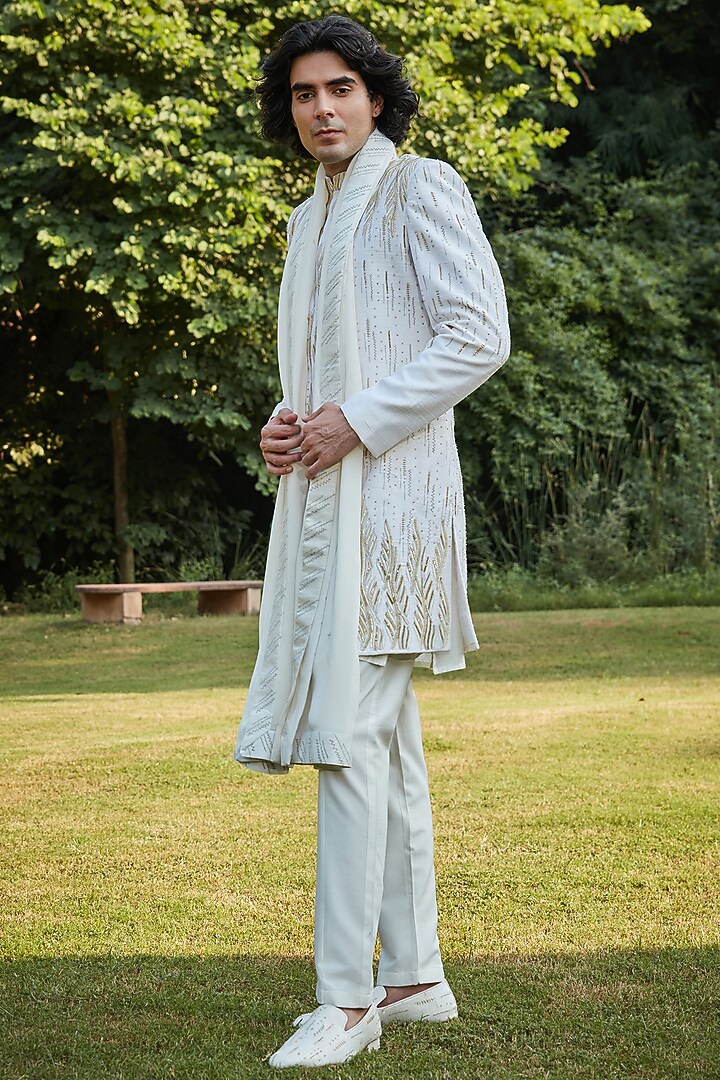 Off-White Raw Silk Embroidered Jacket Set by Bohame Men at Pernia's Pop Up Shop