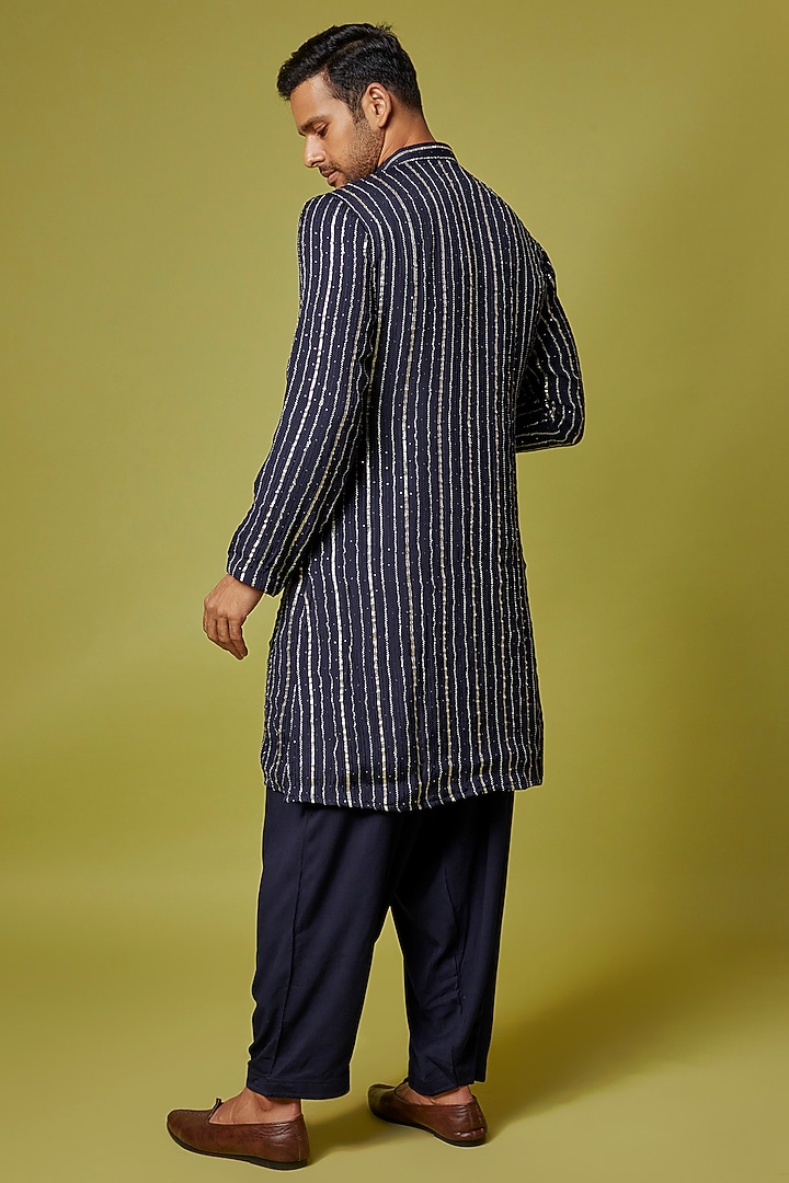 Midnight Blue Georgette Embroidered Kurta Set by Bohame Men at Pernia's Pop Up Shop