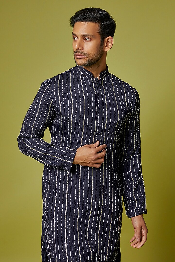 Midnight Blue Georgette Embroidered Kurta Set by Bohame Men at Pernia's Pop Up Shop