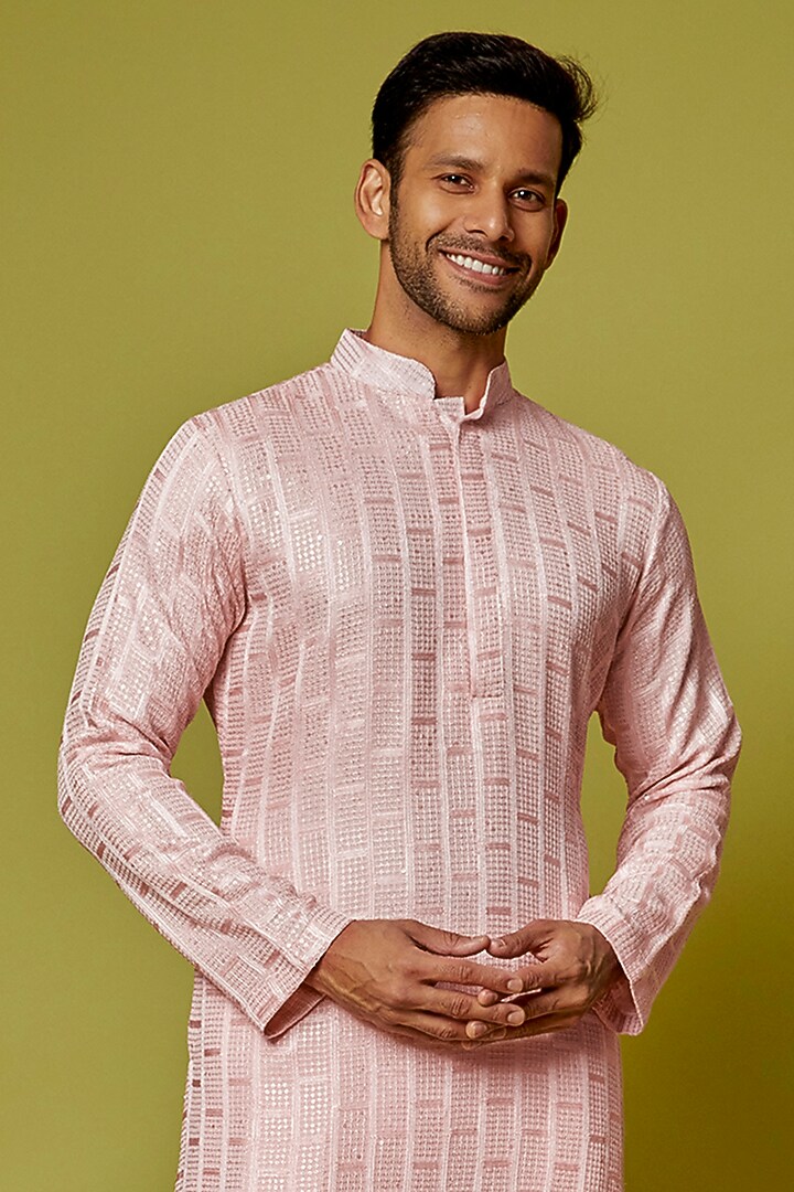Light Pink Georgette Embroidered Kurta Set by Bohame Men at Pernia's Pop Up Shop