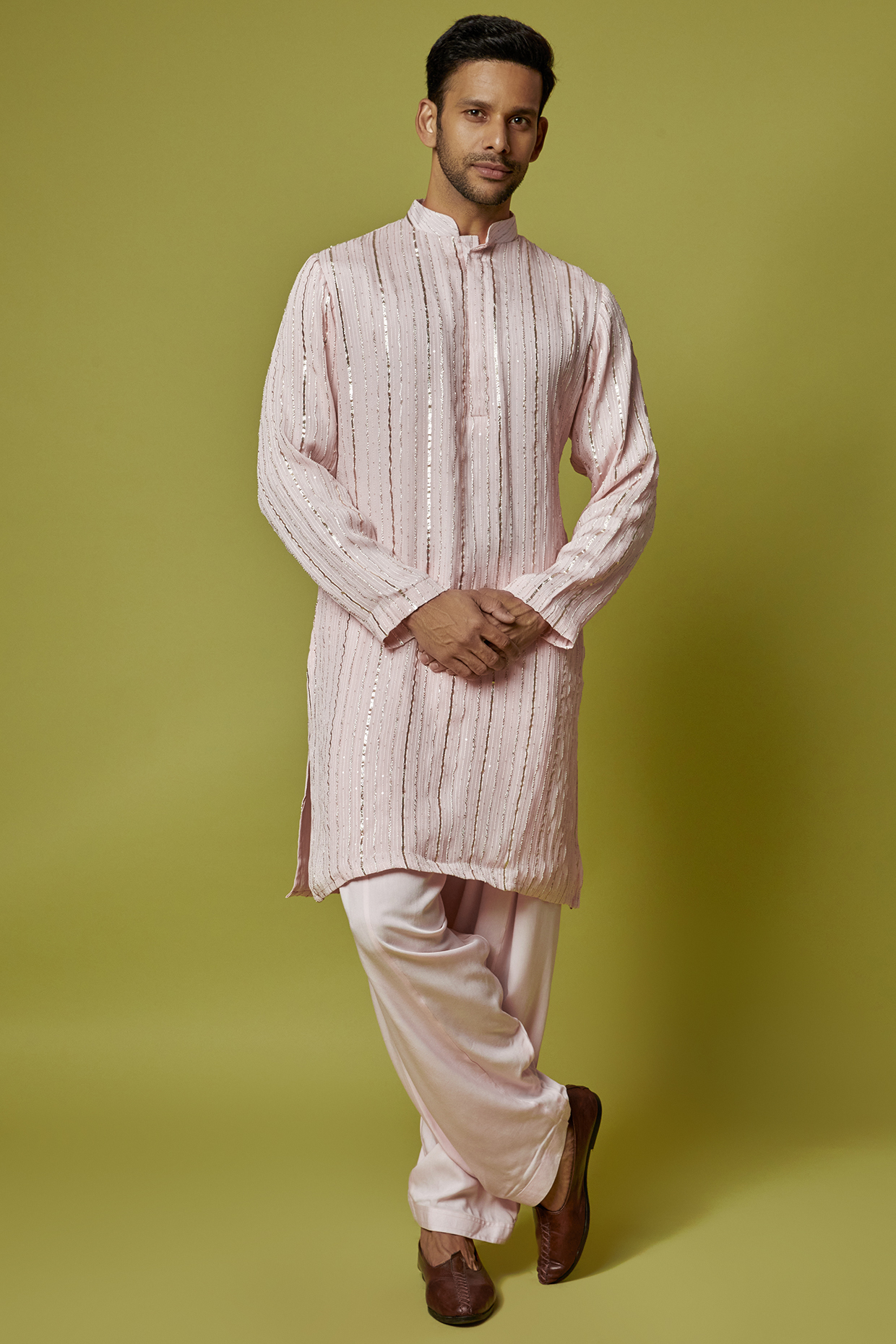 Light Pink Georgette Stripe Embroidered kurta Set by Bohame Men