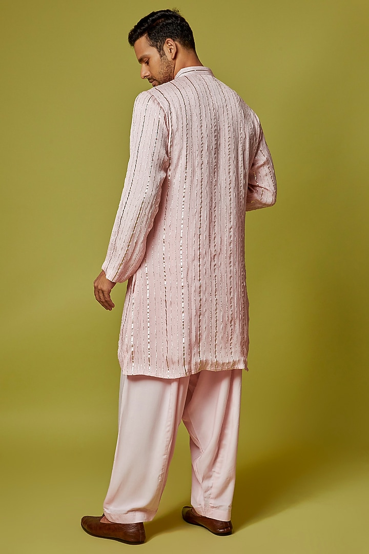 Light Pink Georgette Stripe Embroidered Kurta Set by Bohame Men at Pernia's Pop Up Shop