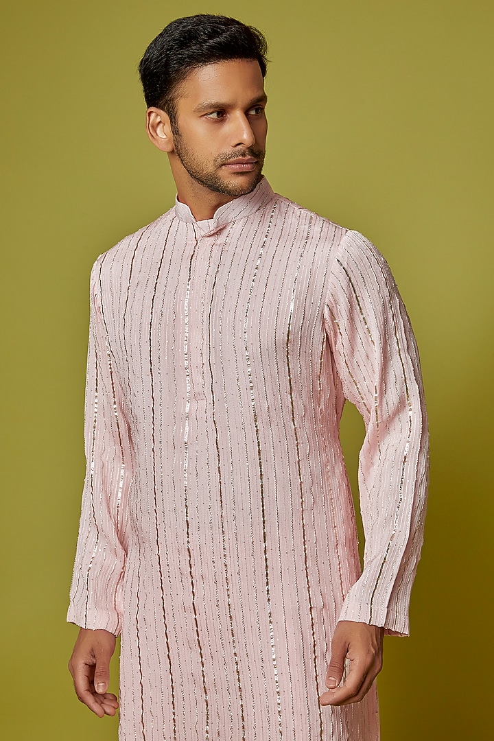 Light Pink Georgette Stripe Embroidered Kurta Set by Bohame Men at Pernia's Pop Up Shop