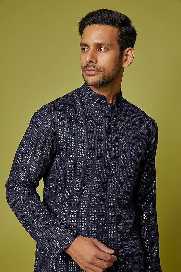 Midnight Blue Georgette Embroidered Kurta Set by Bohame Men at Pernia's Pop Up Shop