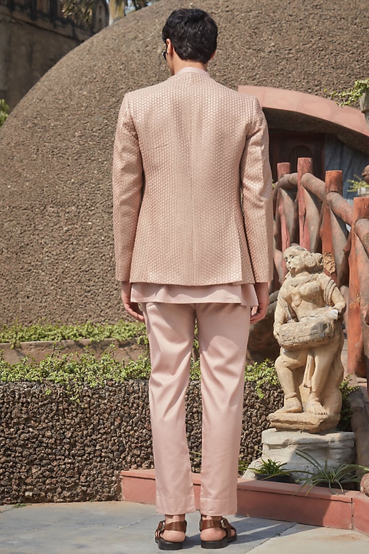 Champagne Georgette Chikankari Embroidered Wedding Indowestern Set by Bohame Men at Pernia's Pop Up Shop