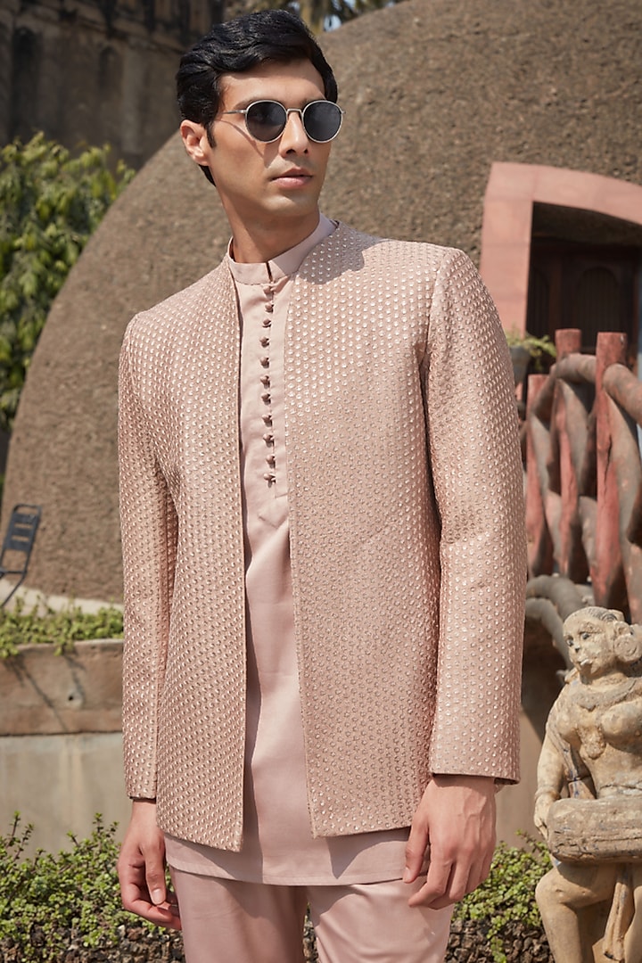 Champagne Georgette Chikankari Embroidered Wedding Indowestern Set by Bohame Men at Pernia's Pop Up Shop