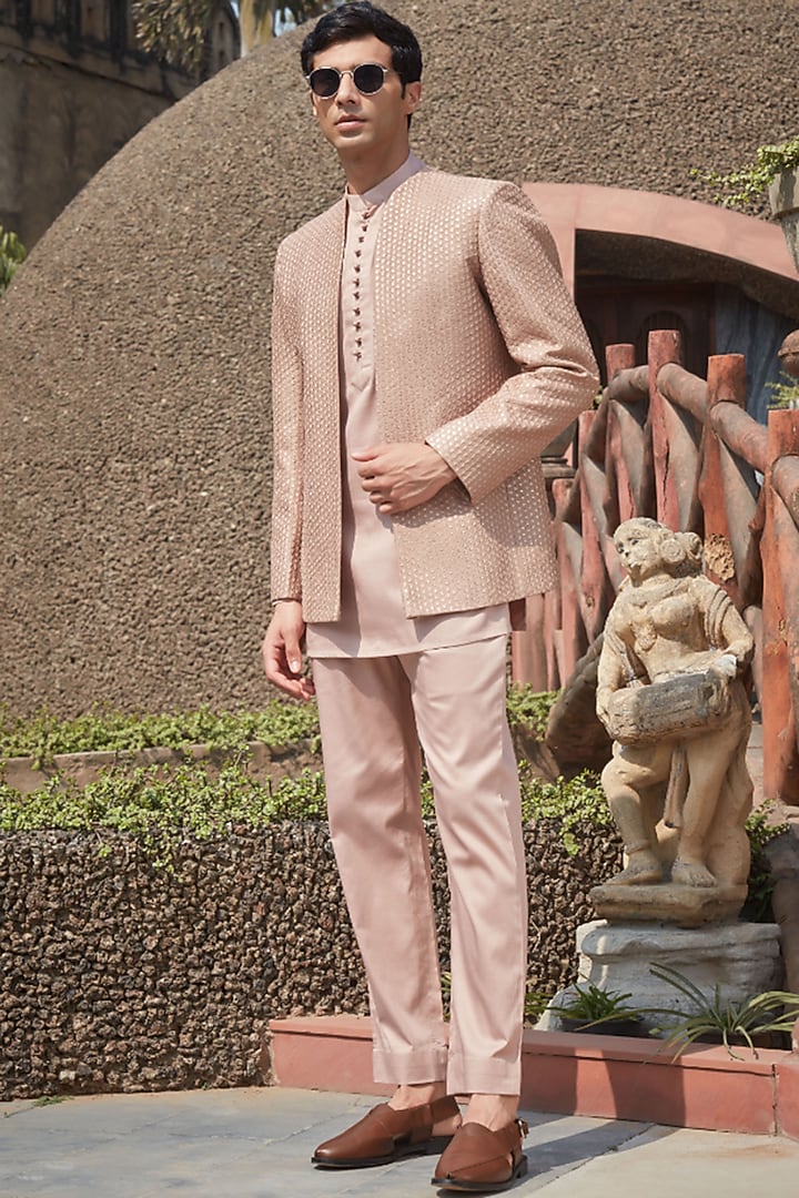 Champagne Georgette Chikankari Embroidered Wedding Indowestern Set by Bohame Men at Pernia's Pop Up Shop