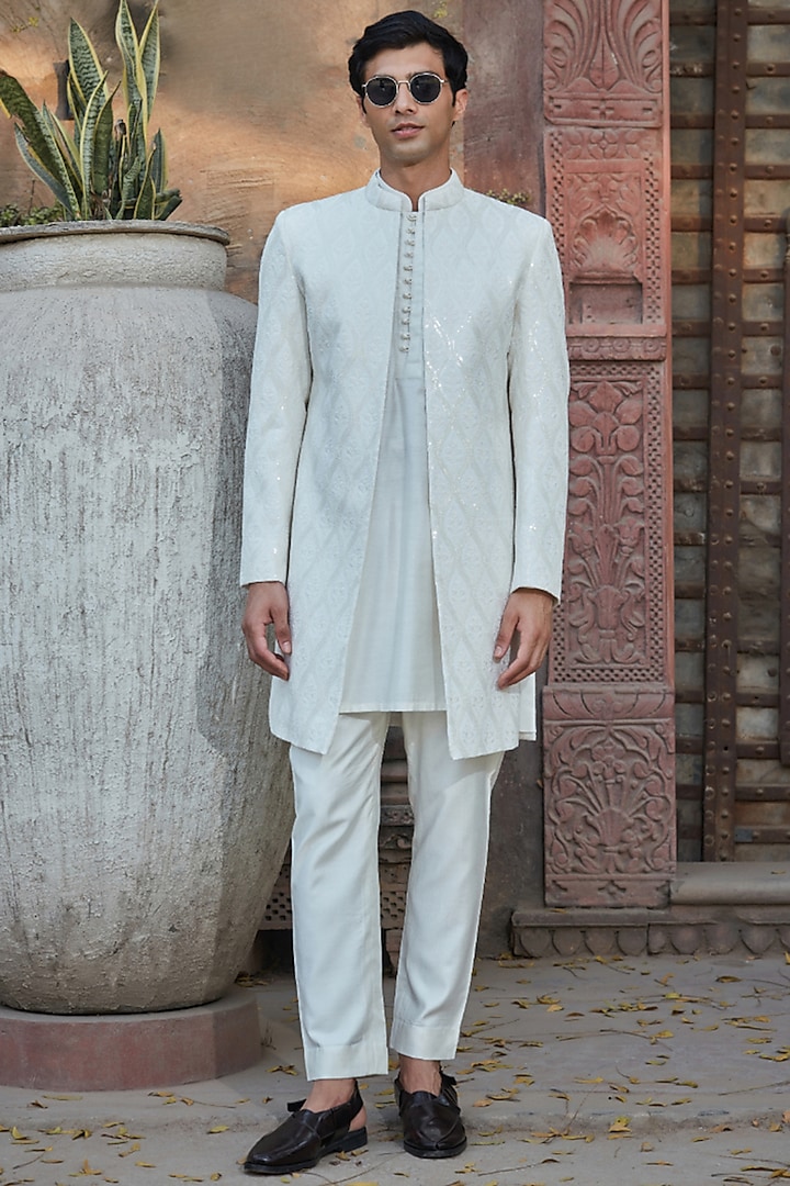 White Georgette Chikankari Embroidered Indowestern Set by Bohame Men at Pernia's Pop Up Shop