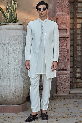 White Georgette Chikankari Embroidered Indowestern Set by Bohame Men