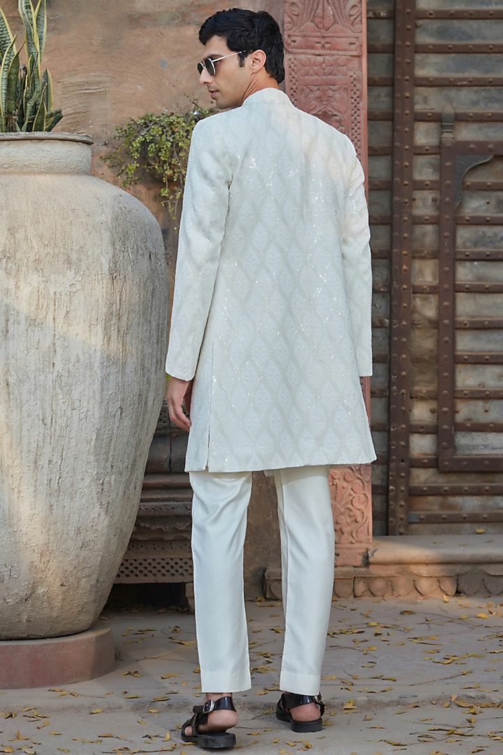 White Georgette Chikankari Embroidered Wedding Indowestern Set by Bohame Men at Pernia's Pop Up Shop