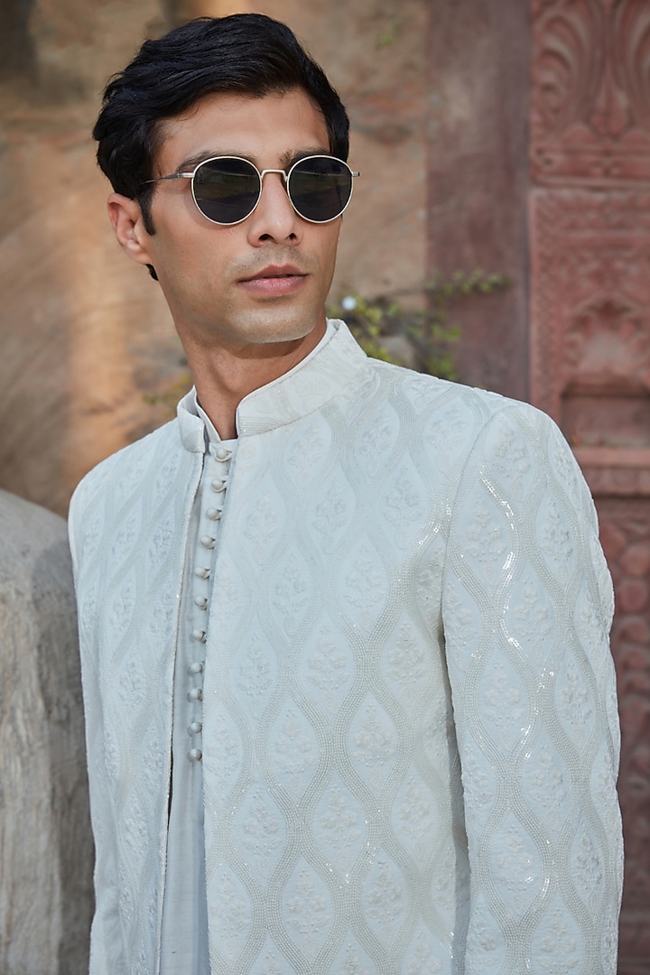 White Georgette Chikankari Embroidered Wedding Indowestern Set by Bohame Men at Pernia's Pop Up Shop