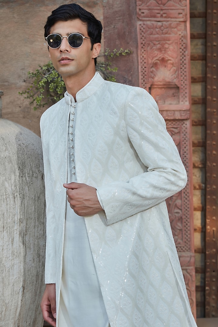 White Georgette Chikankari Embroidered Wedding Indowestern Set by Bohame Men at Pernia's Pop Up Shop