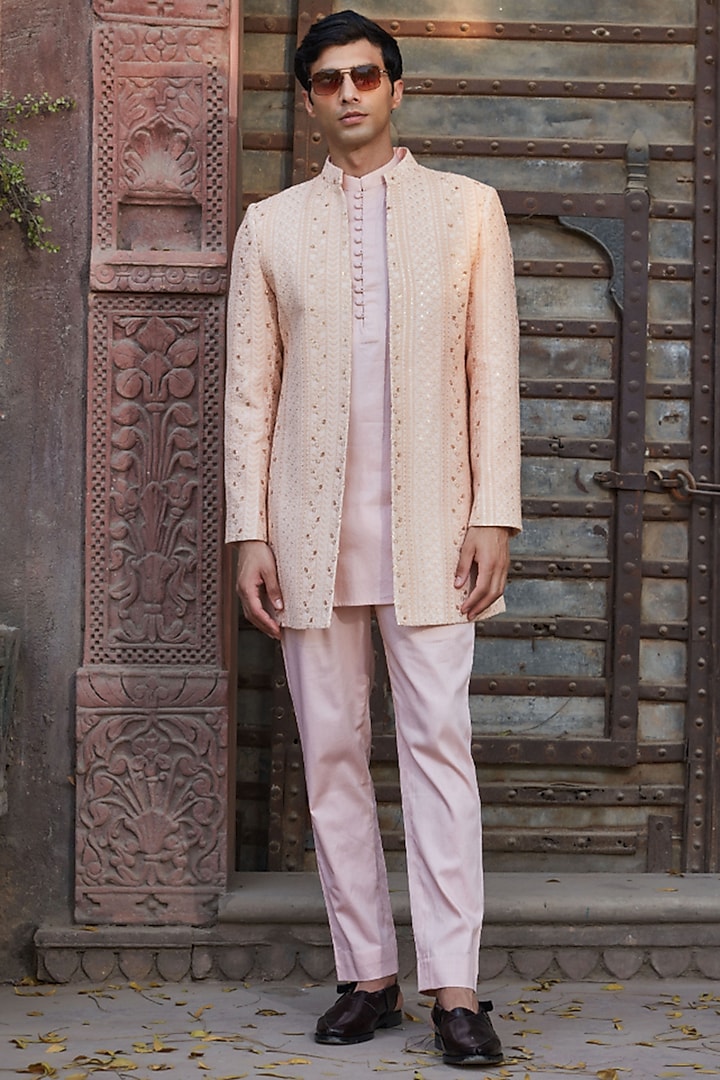 Peach Georgette Chikanakri Embroidered Indowestern Set by Bohame Men