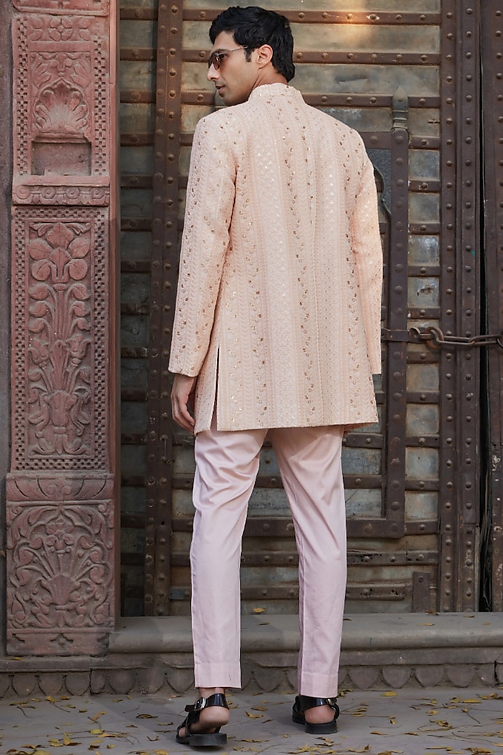 Peach Georgette Chikanakri Embroidered Wedding Indowestern Set by Bohame Men at Pernia's Pop Up Shop