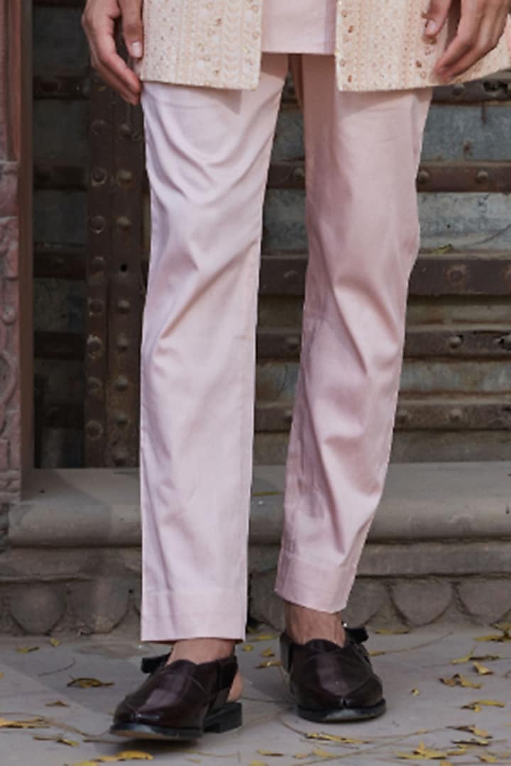 Peach Georgette Chikanakri Embroidered Wedding Indowestern Set by Bohame Men at Pernia's Pop Up Shop