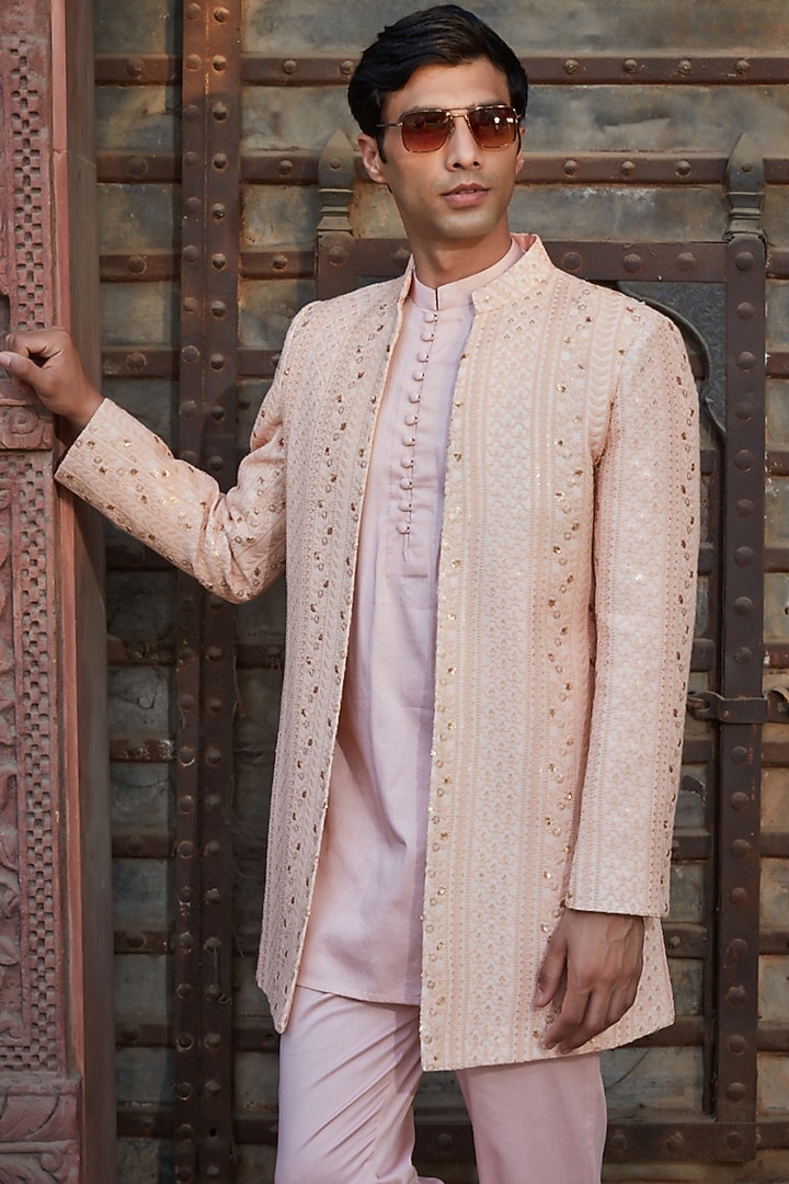 Peach Georgette Chikanakri Embroidered Wedding Indowestern Set by Bohame Men at Pernia's Pop Up Shop