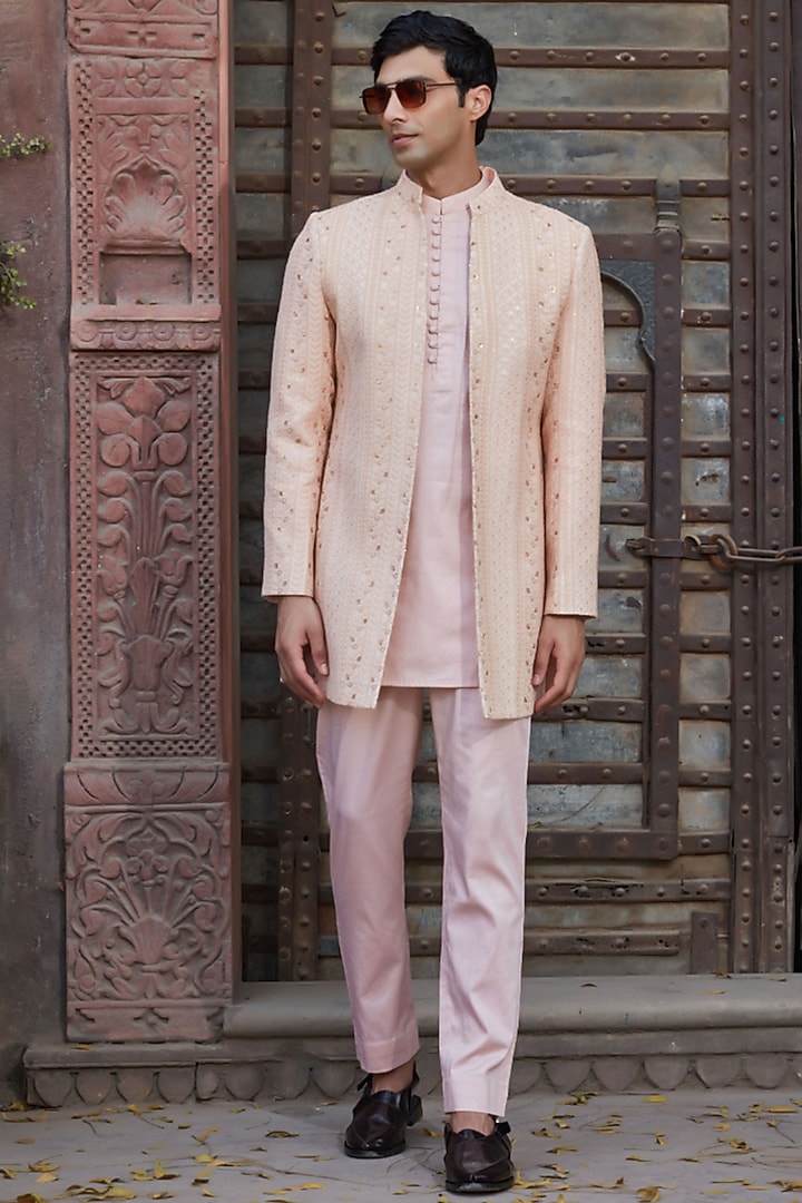 Peach Georgette Chikanakri Embroidered Wedding Indowestern Set by Bohame Men at Pernia's Pop Up Shop