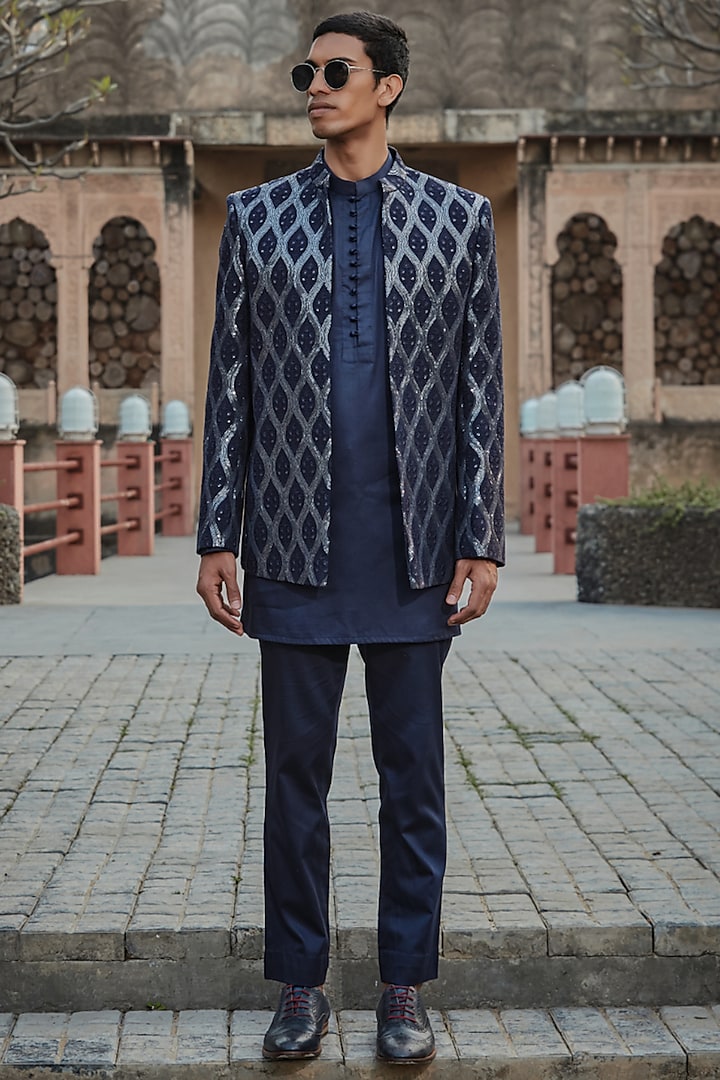 Navy Blue Georgette Chikankari Embroidered Indowestern Set by Bohame Men