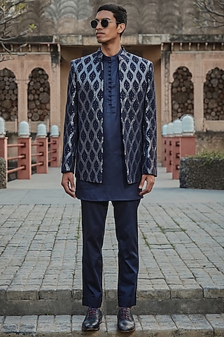 Navy Blue Georgette Chikankari Embroidered Indowestern Set by Bohame Men