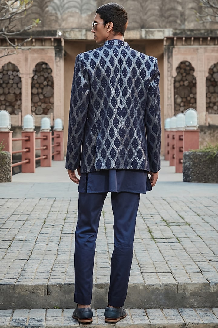 Navy Blue Georgette Chikankari Embroidered Wedding Indowestern Set by Bohame Men at Pernia's Pop Up Shop