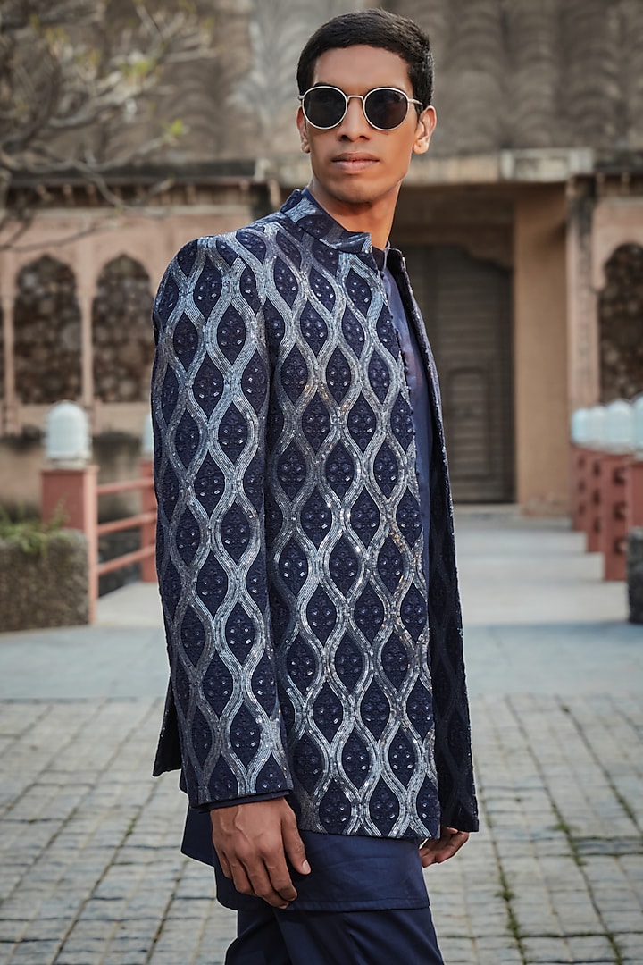 Navy Blue Georgette Chikankari Embroidered Wedding Indowestern Set by Bohame Men at Pernia's Pop Up Shop