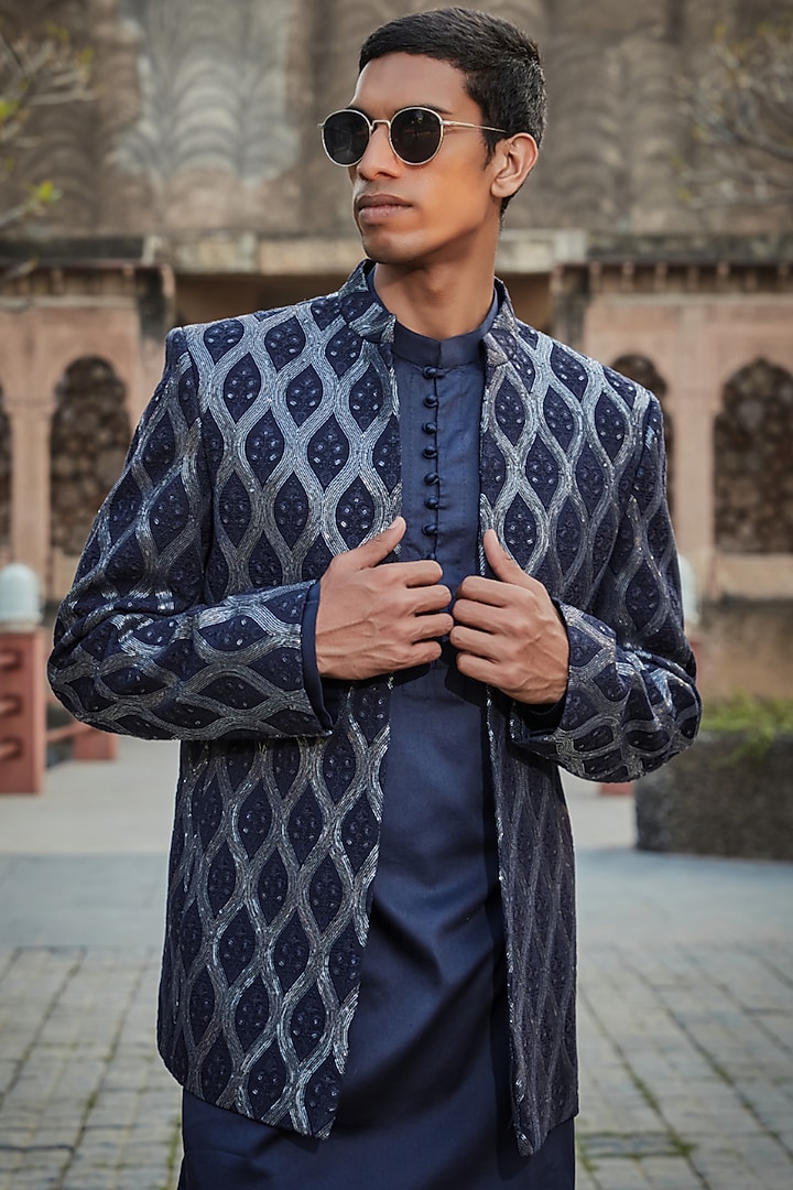 Navy Blue Georgette Chikankari Embroidered Wedding Indowestern Set by Bohame Men at Pernia's Pop Up Shop