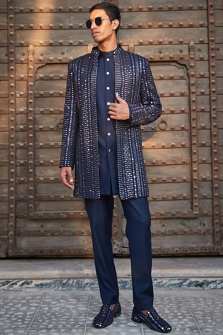 Navy Blue Georgette Chikankari Embroidered Indowestern Set by Bohame Men