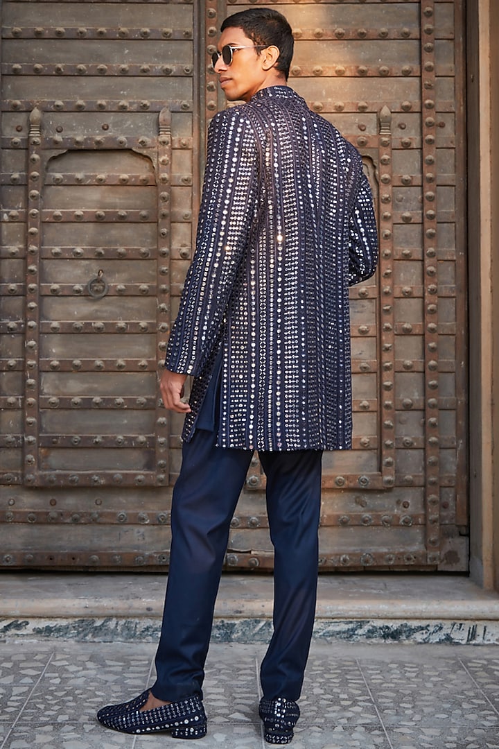 Navy Blue Georgette Chikankari Embroidered Wedding Indowestern Set by Bohame Men at Pernia's Pop Up Shop
