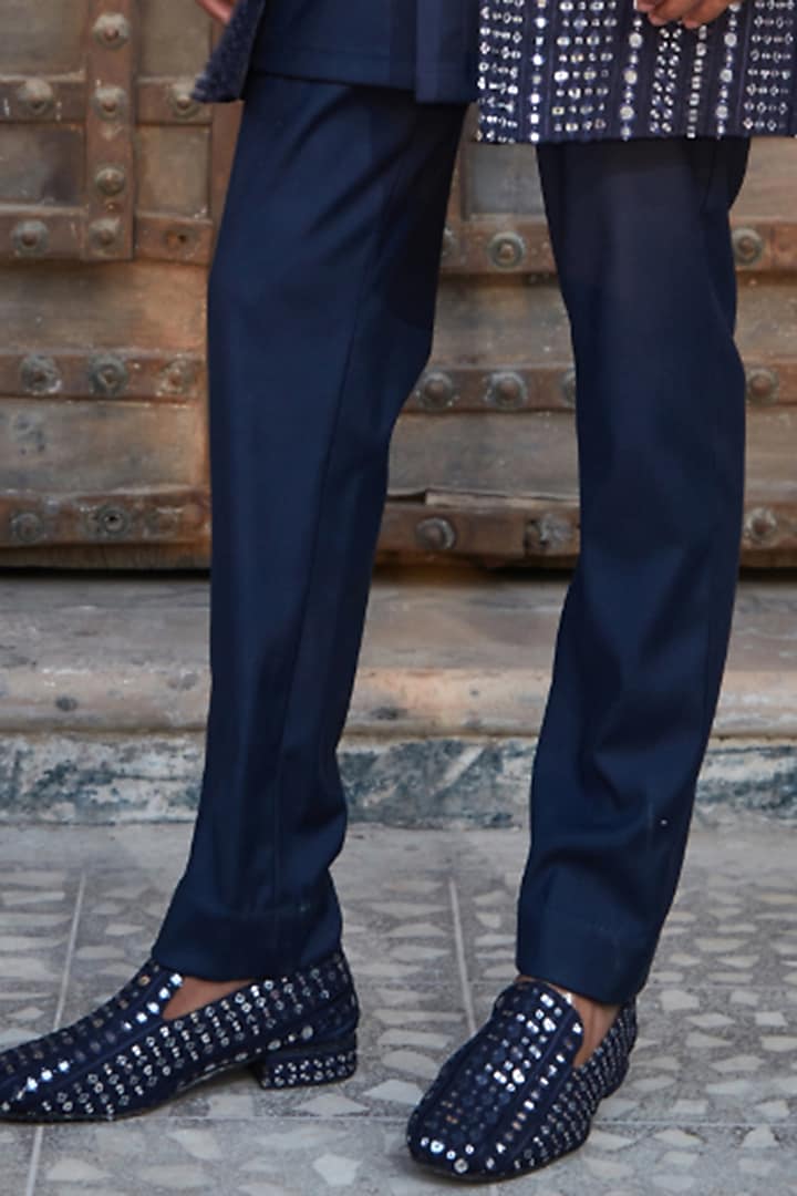 Navy Blue Georgette Chikankari Embroidered Wedding Indowestern Set by Bohame Men at Pernia's Pop Up Shop
