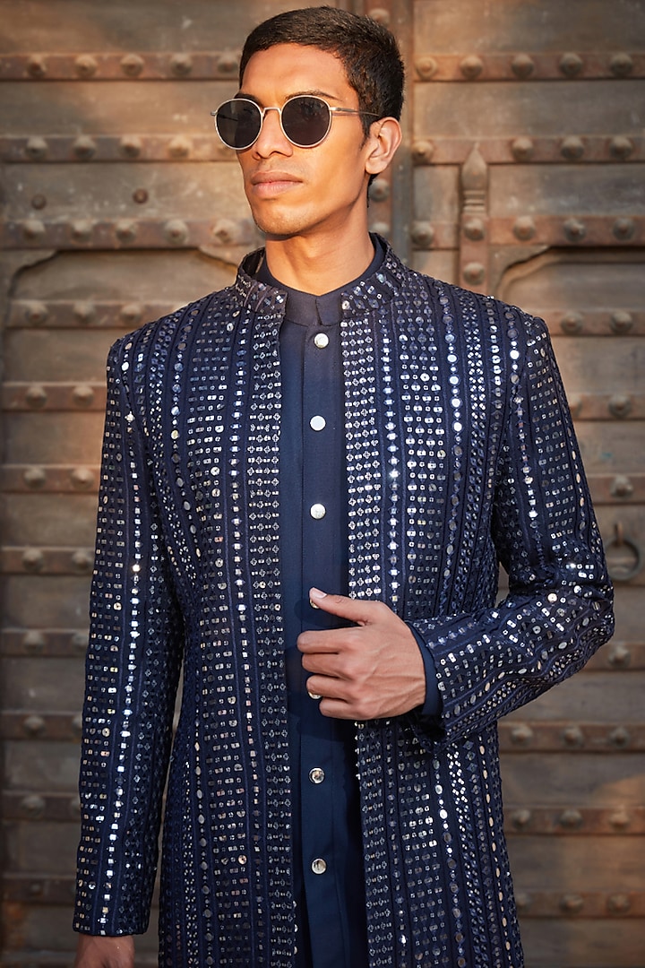 Navy Blue Georgette Chikankari Embroidered Wedding Indowestern Set by Bohame Men at Pernia's Pop Up Shop