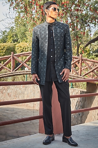 Black Georgette Chikanakri Embroidered Indowestern Set by Bohame Men