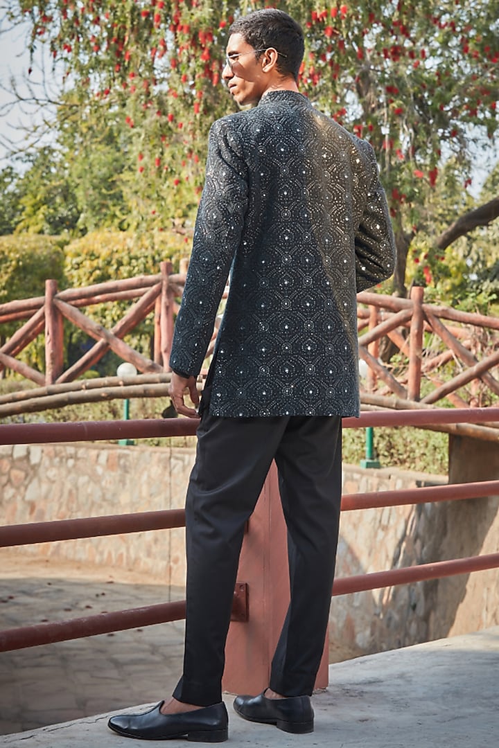 Black Georgette Chikanakri Embroidered Wedding Indowestern Set by Bohame Men at Pernia's Pop Up Shop
