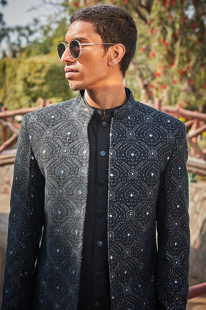 Black Georgette Chikanakri Embroidered Wedding Indowestern Set by Bohame Men at Pernia's Pop Up Shop