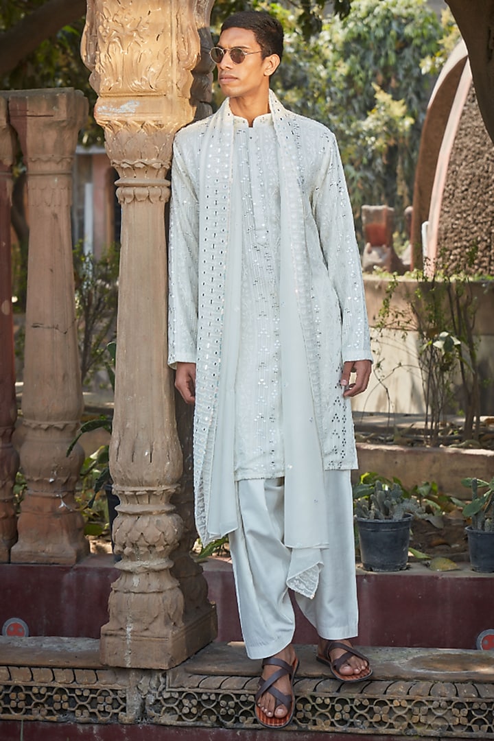 Ivory Georgette Chikankari Embroidered Kurta Set by Bohame Men