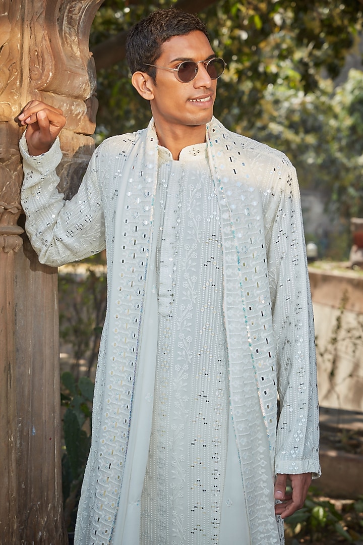 Ivory Georgette Chikankari Embroidered Kurta Set by Bohame Men at Pernia's Pop Up Shop