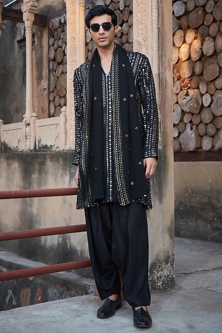 Black Georgette Chikankari Embroidered Kurta Set by Bohame Men