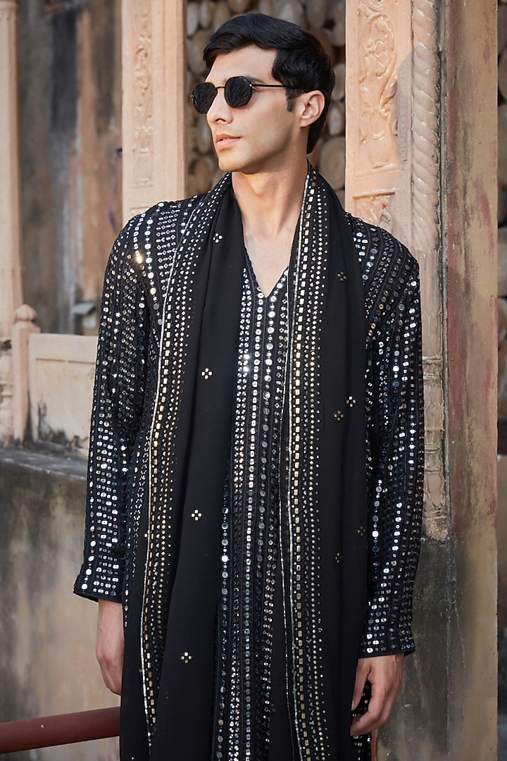 Black Georgette Chikankari Embroidered Kurta Set by Bohame Men at Pernia's Pop Up Shop