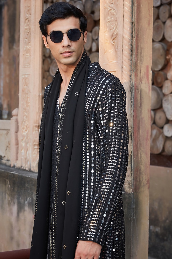 Black Georgette Chikankari Embroidered Kurta Set by Bohame Men at Pernia's Pop Up Shop