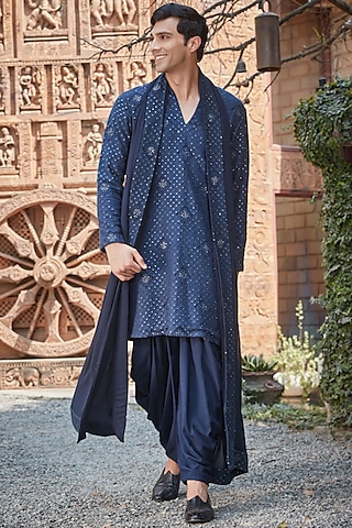 Navy Blue Georgette Chikankari Embroidered Kurta Set by Bohame Men