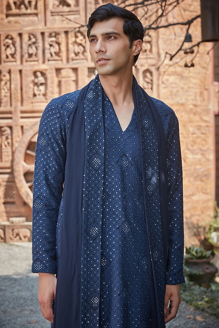 Navy Blue Georgette Chikankari Embroidered Kurta Set by Bohame Men at Pernia's Pop Up Shop