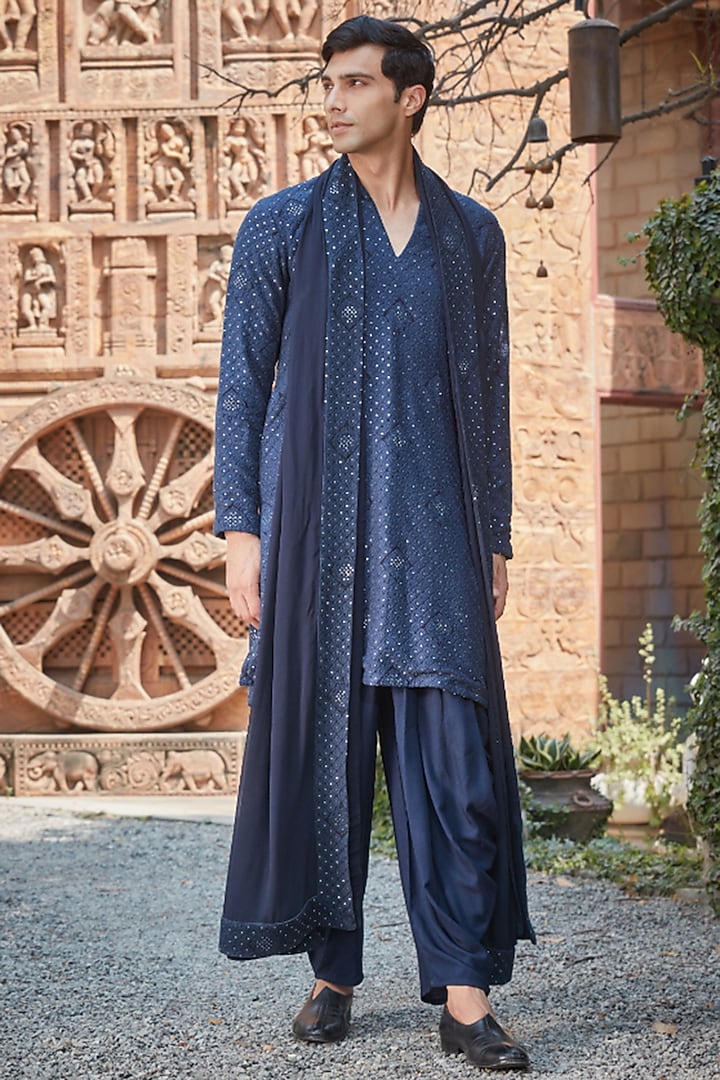 Navy Blue Georgette Chikankari Embroidered Kurta Set by Bohame Men at Pernia's Pop Up Shop